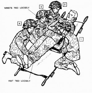 Чотири солдати разом перекладають пацієнта з землі на носилки.